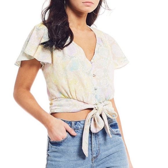 Snake Print V-Neck Button Front Short Sleeve Tie - Picture 1 of 5